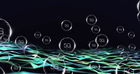 Image of network of connections with 5g text over shapes. global social media, connections and...