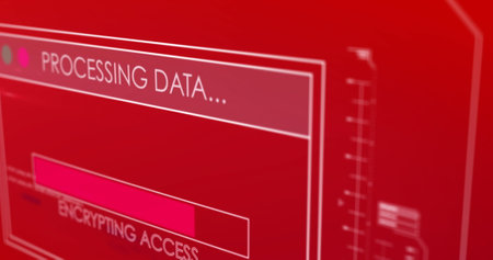 Image of data processing on red background. global social media, connections and digital interface...