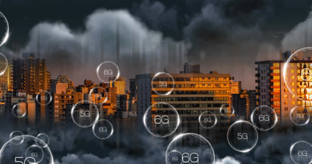 Image of network of connections with 6g text over cityscape. global social media, connections and digital interface concept digitally generated image.の写真素材