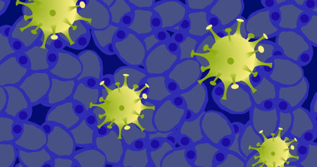 Image of yellow viruses over blue cells on navy background. Human biology, anatomy and body concept...