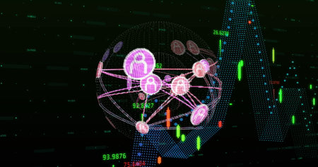 Image of globe of connections over data processing on black background. technology, computing and...