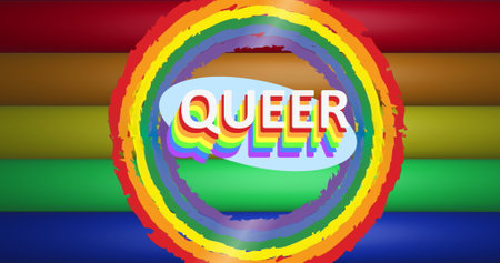 Image of queer text and rainbow circles over rainbow stripes and colours moving on seamless loop. Pride month, lgbtq, human rights and equality concept digitally generated image.の写真素材