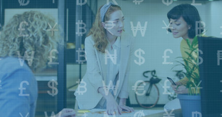 Image of data processing over diverse business people working in office. Global business, finances, computing and data processing concept digitally generated image.の写真素材