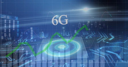 Image of 6g text and glowing interface with charts and statistics moving on blue background....