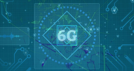 Image of 6g text and interface with scope and shapes moving on dark green background. communication...
