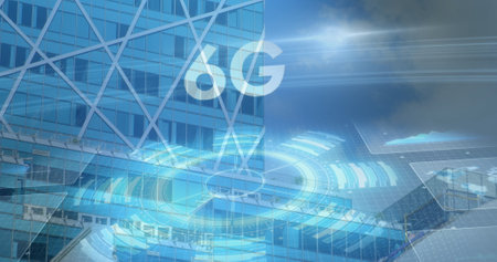 Image of 6g text with interface and modern building on blue sky background. communication technology...