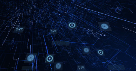 Image of scopes scanning and data processing on dark background. Global connection, communication...