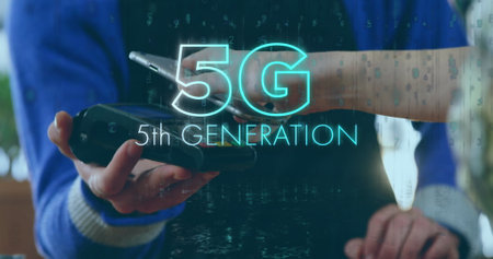 A person holds a phone with 5G graphics overlaying. The concept highlights the advancement to fifth-generation mobile networks.の写真素材