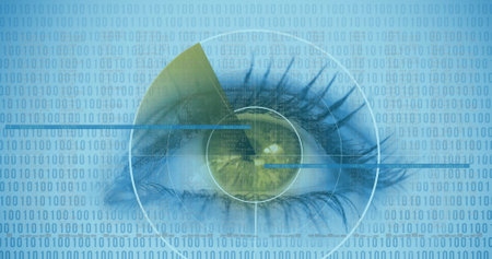 Image of woman's eye with circular scope scanning iris and digital information. communication...