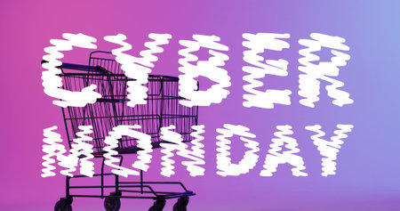 Image of cyber monday text over shopping trolley. Sales, retail, cyber shopping, digital interface, communication, computing and data processing concept digitally generated image.の写真素材