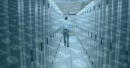 Image of binary coding numbers changing over man in tech room with computer servers. digital...