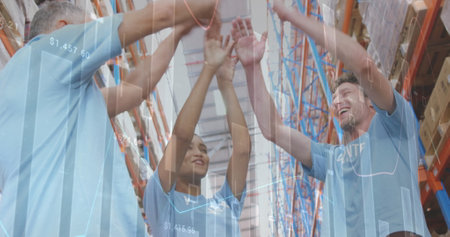 Image of data processing over people working in warehouse. global shipping, delivery and connections...