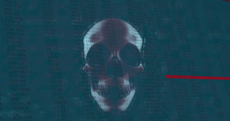 Image of interface with digital data moving rapidly over rotating human skull and red lines. communication technology digital interface concept, digitally generated image.の写真素材