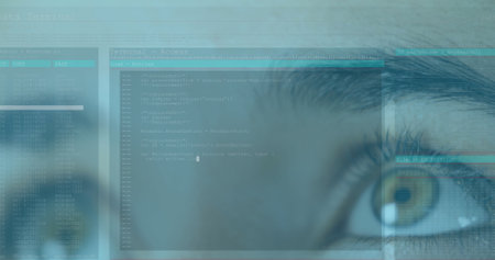 Image of woman's green eyes and scrolling digital information with white and blue lines. communication technology digital interface concept, digitally generated image.の写真素材