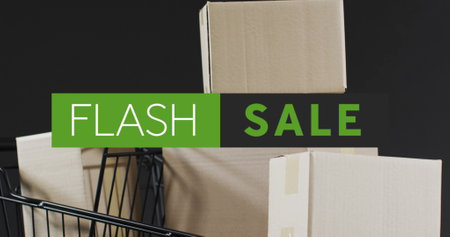 Image of flash sale text over gift boxes. Sales, retail, cyber shopping, digital interface,...