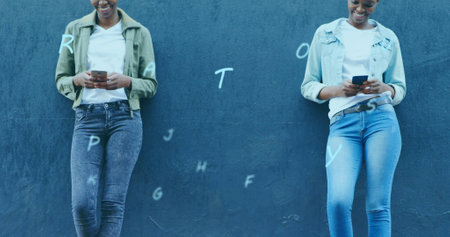 Image of letters and numbers over people using smartphones. digital interface global social media connection and communication concept digitally generated image.の写真素材