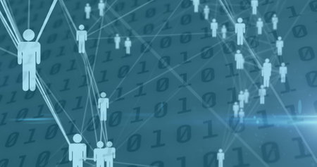 Image of network of connections with people icons over binary coding. digital interface global...