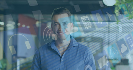 Image of data processing over caucasian businessman working in office. Global business, finances, computing and data processing concept digitally generated image.の写真素材