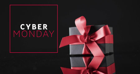 Image of cyber monday text over gift box. Sales, retail, cyber shopping, digital interface, communication, computing and data processing concept digitally generated image.の写真素材