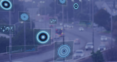 Image of scopes scanning and data processing over cityscape. Global computing, connections, communication and data processing concept digitally generated image.の写真素材