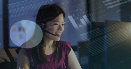 Image of data processing over biracial businesswoman working in office. Global business, finances,...