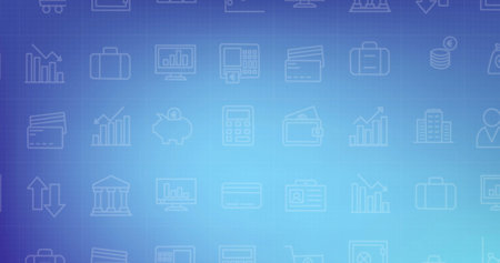 Image of financial data processing and icons over blue background. Global business, finances, computing and data processing concept digitally generated image.の写真素材