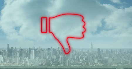 Image of thumbs down red neon icon over cityscape. Global business, finances, digital interface, computing and data processing concept digitally generated image.の写真素材