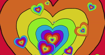 Image of rainbow hearts over rainbow background. Pride month, lgbtq, human rights and equality concept digitally generated image.の写真素材