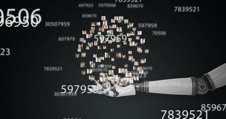 A robotic arm assembles a cube of small images against a numeric background. The scene symbolizes technological data processing or artificial intelligence.の写真素材