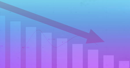Image of financial data processing and statistics with arrow over blue background. Global business, finances, computing and data processing concept digitally generated image.の写真素材