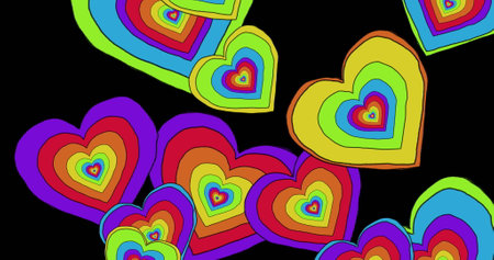 Image of rainbow hearts over black background. Pride month, lgbtq, human rights and equality concept digitally generated image.の写真素材
