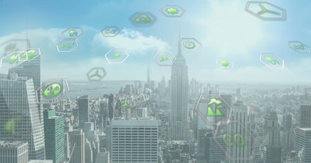Image of data processing over cityscape. Global business, finances, digital interface, computing and...