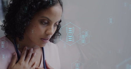 Image of network of medical icons and data processing over biracial female doctor. Global science,...