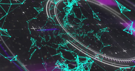 Abstract digital connections form a network across a purple backdrop. The visualization suggests...
