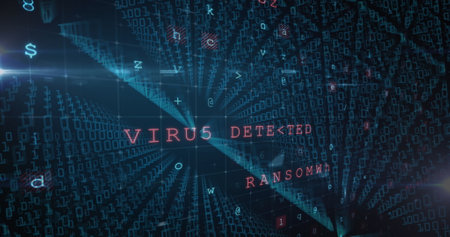 Image of cybercrime warning text changing and binary coding. digital interface global connection and communication concept digitally generated image.の写真素材