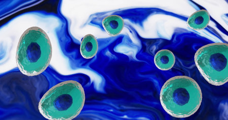 Image of micro of blue and turquoise cells on vibrant coloured background. Global science, research and medicine concept digitally generated image.の写真素材