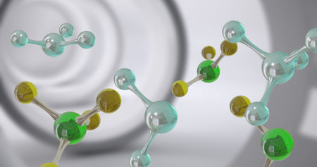 Image of micro of molecules models over grey background. Global science, research and connections concept digitally generated image.の写真素材