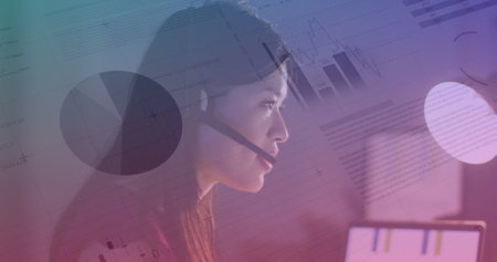 Image of data processing over biracial businesswoman working in office. Global business, finances,...