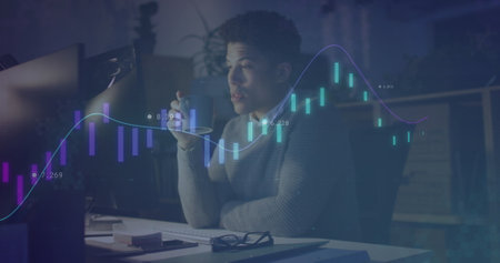 Image of data processing over biracial businessman working in office. Global business, finances,...