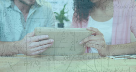 Image of mathematical equations over people using tablet. digital interface global connection and...