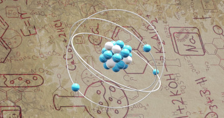 Image of micro of atom models over chemistry formulae on yellow background. Global science, research...