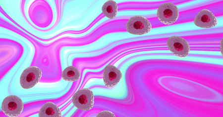 Image of micro of red and pink cells over blue and purple background. Global science, research and medicine concept digitally generated image.の写真素材
