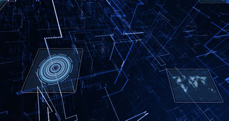 Image of scopes scanning and data processing on dark background. Global connection, communication and data processing concept digitally generated image.の写真素材