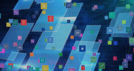 Image of digital icons over blue screens and binary coding. global connections and digital interface concept digitally generated image.の写真素材