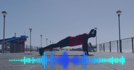 Image of digital interface over exercising african american man. Global connections, wellbeing,...