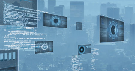 Image of scopes scanning and data processing over cityscape. Global computing, connections, communication and data processing concept digitally generated image.の写真素材