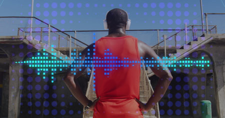 Image of soundwaves over exercising african american man in headphones taking a break. Global...