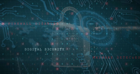 Image of digital interface with security padlock over dark background. global connections, data processing and digital interface concept digitally generated image.の写真素材