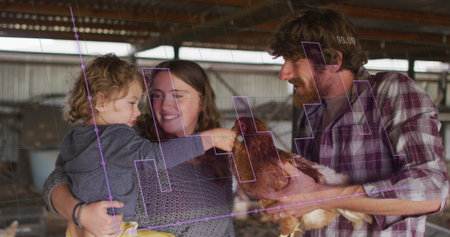 Image of financial data processing over caucasian family holding chicken. Global finances, ecology...