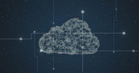 Cloud icon of network of connections against light trails against blue background. cloud data...